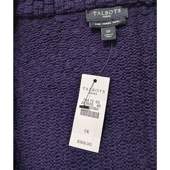 Talbots womens 1x waffle knit fine wool dark purple sweater jacket button front - Picture 6 of 8